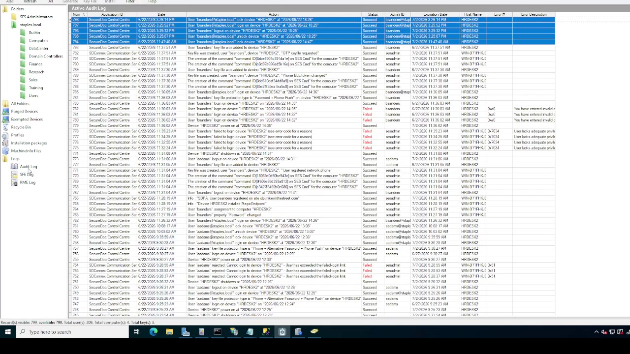 SES Audit Log showing device access events